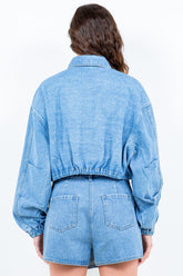 Drawstring Waist Crop Trucker Denim Jacket American Bazi